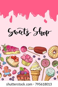 Vector hand drawn sweets banner and poster illustration with lettering and rose caramel dripping from above