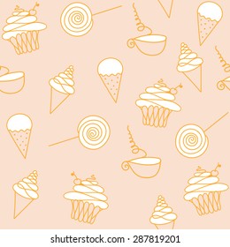 Vector hand drawn sweets celebration background. Desserts set. Seamless pattern.