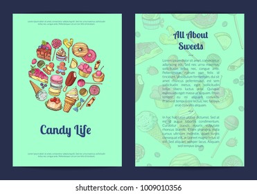 Vector hand drawn sweets, pastry shop or confectionary card or brochure template with and place for text illustration