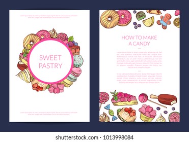 Vector hand drawn sweets, pastry shop or confectionary card or brochure template with and place for text illustration