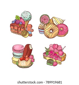 Vector hand drawn sweets piles set. Food sweet dessert sketch, snack delicious donut and chocolate cake illustration