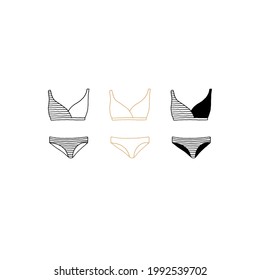Vector hand drawn swimsuit icons. Doodle black and white illustration in minimal style. For branding and business identity, for social media. For accessories stores, boutiques, clothing shops.