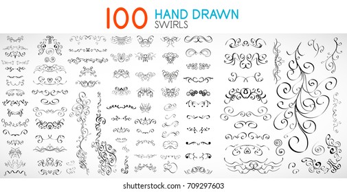 Vector hand drawn swirls and curves design elements, floral shapes