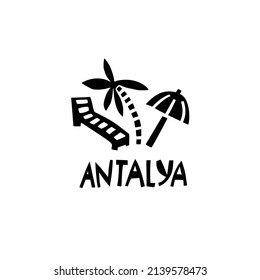 Vector hand drawn symbol of Antalya. Travel illustration of Republic of Turkey citiy. Hand drawn lettering illustration. Turkish  landmark logo
