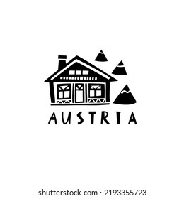 Símbolo vectorial de Austria. Ilustración de los carteles austríacos. Ilustración con letras dibujada a mano. Logotipo emblemático de los Alpes