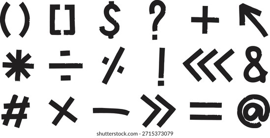 Handgezeichnetes Vektorsymbol und Interpunktionsset. Schwarze Marker-Skizzen, einschließlich Mathematik-, Währungs- und Grammatikzeichen. Isolierte Design-Elemente im Comic-Stil für kreative Typografie.