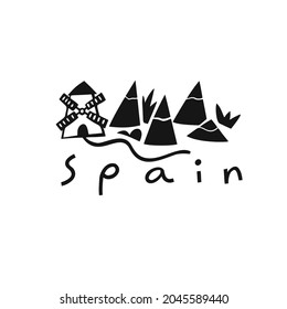 Símbolo vectorial de España. Ilustración de viajes del paisaje de España. Ilustración con letras dibujada a mano. Logotipo emblemático de España