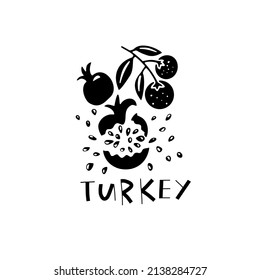 Vector hand drawn symbol of Turkey. Travel illustration of Republic of Turkey signs. Hand drawn lettering illustration. Turkish  landmark logo