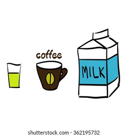 vector hand drawn symbols of juice, coffee and milk, isolated sketch on white background