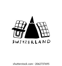 Vektorhandgezeichnete Symbole der Schweiz. Reisegrafik. Schweizer Wahrzeichen