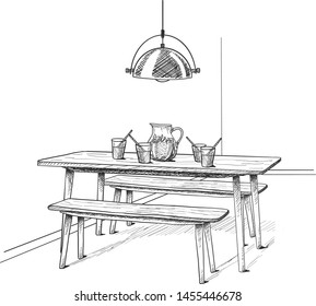 Vector hand drawn table with drinks in the kitchen.