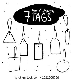 Vector hand drawn tags collection. Doodle set of label, discount made with ink.