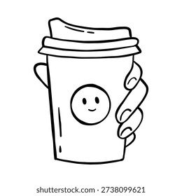 Vector hand drawn takeaway coffee cup with smiling face held in hand on white background. Cute black and white doodle drink illustration for cafe logo, social media, sticker and packaging design.