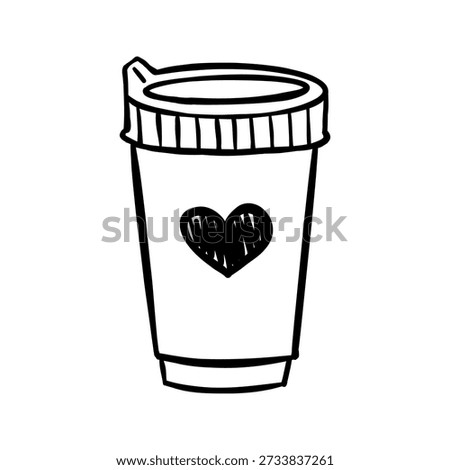 Vector hand drawn takeaway coffee cup with heart symbol on white background. Simple black and white doodle drink illustration for cafe logo, menu, sticker, social media and cozy branding design.