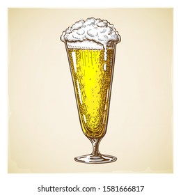 vector hand drawn tall beer glass full of wheat beer with foam. Beautiful vintage beer mug or pilsner with dropping froth isolated on grunge textured background. Alcoholic yellow beverage in glassware