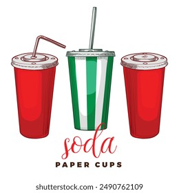 Vector hand drawn tall paper cups with sodas. Cold beverages with red, green and white colors and straws. Drinks assets ready to use and easy to edit.