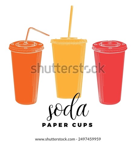 Vector hand drawn tall paper cups with sodas. Cold beverages with straws. Drinks assets ready to use and easy to edit. Colored flat fills in separate groups.