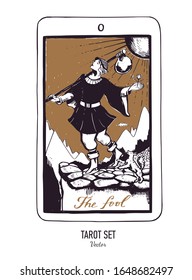 Vector hand drawn Tarot card deck.  Major arcana The fool.  Engraved vintage style. Occult and alchemy symbolism