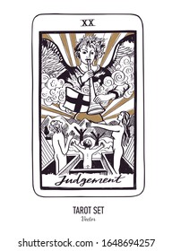 Vector hand drawn Tarot card deck.  Major arcana The Judgement  . Occult, spiritual and alchemy symbolism. Engraved vintage style