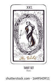 Vector hand drawn Tarot card deck.  Major arcana The World.  Engraved vintage style. Occult, spiritual and alchemy symbolism