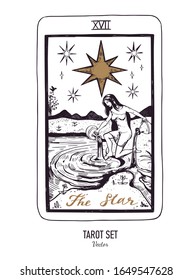 Baraja de cartas Tarot dibujada a mano vectora.  Mayor Arcana La Estrella.  Estilo vintage grabado. Simbolismo oculto, espiritual y alquimista