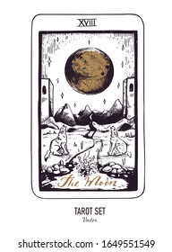 Baraja de cartas Tarot dibujada a mano vectora.  Mayor Arcana La Luna.  Estilo vintage grabado. Simbolismo oculto, espiritual y alquimista