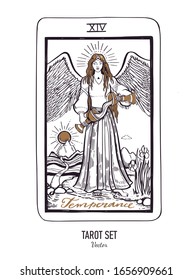 Vector hand drawn Tarot card deck.  Major arcana Temperance.  Engraved vintage style. Occult, spiritual and alchemy symbolism