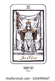 Vector hand drawn Tarot card deck.  Major arcana Justice.  Engraved vintage style. Occult, spiritual and alchemy symbolism