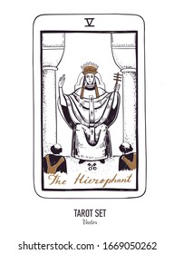 Baraja de cartas Tarot dibujada a mano vectora.  Mayor arcana el Hierofante.  Estilo vintage grabado. Simbolismo oculto, espiritual y alquimista