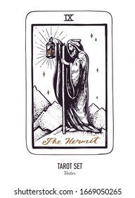 Baraja de cartas Tarot dibujada a mano vectora.  Mayor Arcana el Hermit.  Estilo vintage grabado. Simbolismo oculto, espiritual y alquimista