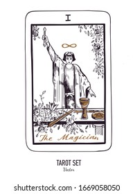 Vector hand drawn Tarot card deck.  Major arcana the Magician.  Engraved vintage style. Occult, spiritual and alchemy symbolism