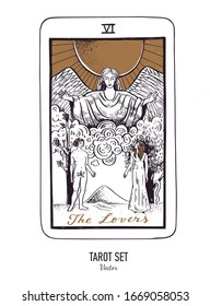 Baraja de cartas Tarot dibujada a mano vectora.  Mayor Arcana los Amantes.  Estilo vintage grabado. Simbolismo oculto, espiritual y alquimista