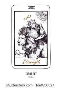 Vector hand drawn Tarot card deck.  Major arcana the Strength.  Engraved vintage style. Occult, spiritual and alchemy symbolism