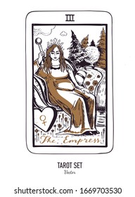 Vector hand drawn Tarot card deck.  Major arcana the Empress.  Engraved vintage style. Occult, spiritual and alchemy symbolism