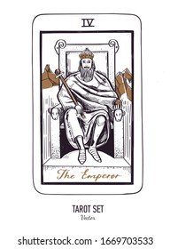 Vector hand drawn Tarot card deck.  Major arcana the Emperor.  Engraved vintage style. Occult, spiritual and alchemy symbolism