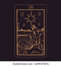 Vector hand drawn Tarot card deck.  Major arcana The Star.  Engraved vintage style. Occult, spiritual and alchemy symbolism