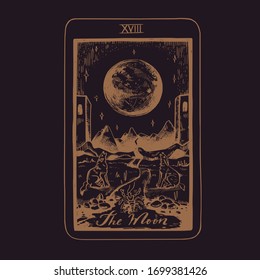 Vector hand drawn Tarot card deck.  Major arcana The Moon.  Engraved vintage style. Occult, spiritual and alchemy symbolism