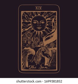 Baraja de cartas Tarot dibujada a mano vectora.  Mayor arcana El Sol. Estilo vintage grabado. Simbolismo oculto, espiritual y alquimista