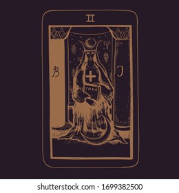 Vector hand drawn Tarot card deck.  Major arcana the High priestess.  Engraved vintage style. Occult, spiritual and alchemy symbolism