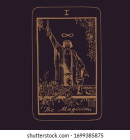 Vector hand drawn Tarot card deck.  Major arcana the Magician.  Engraved vintage style. Occult, spiritual and alchemy symbolism