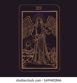 Vector hand drawn Tarot card deck.  Major arcana Temperance.  Engraved vintage style. Occult, spiritual and alchemy symbolism