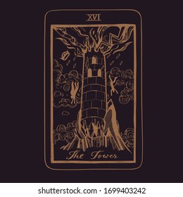 Vector hand drawn Tarot card deck.  Major arcana the Tower.  Engraved vintage style. Occult, spiritual and alchemy symbolism