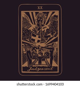 Vector hand drawn Tarot card deck.  Major arcana The Judgement  . Occult, spiritual and alchemy symbolism. Engraved vintage style