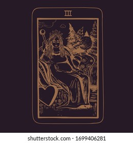 Vector hand drawn Tarot card deck.  Major arcana the Empress.  Engraved vintage style. Occult, spiritual and alchemy symbolism