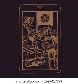 Vector hand drawn Tarot card deck.  Major arcana Death.  Engraved vintage style. Occult, spiritual and alchemy symbolism