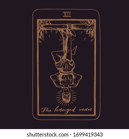 Vector hand drawn Tarot card deck.  Major arcana the Hanged man.  Engraved vintage style. Occult, spiritual and alchemy symbolism