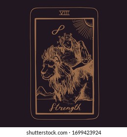 Vector hand drawn Tarot card deck.  Major arcana the Strength.  Engraved vintage style. Occult, spiritual and alchemy symbolism