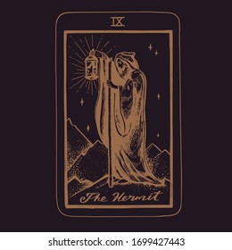 Vector hand drawn Tarot card deck.  Major arcana the Hermit.  Engraved vintage style. Occult, spiritual and alchemy symbolism