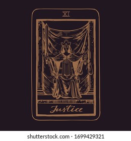 Vector hand drawn Tarot card deck.  Major arcana Justice.  Engraved vintage style. Occult, spiritual and alchemy symbolism