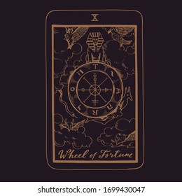 Baraja de cartas Tarot dibujada a mano vectora.  Mayor arcana Rueda de la fortuna.  Estilo vintage grabado. Simbolismo oculto, espiritual y alquimista